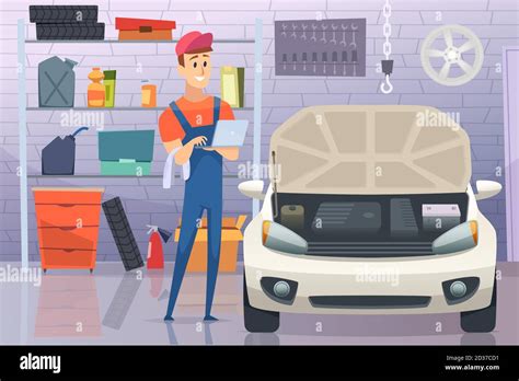 Mechanic in garage. Auto service man fixing repairing vehicle vector cartoon background Stock ...