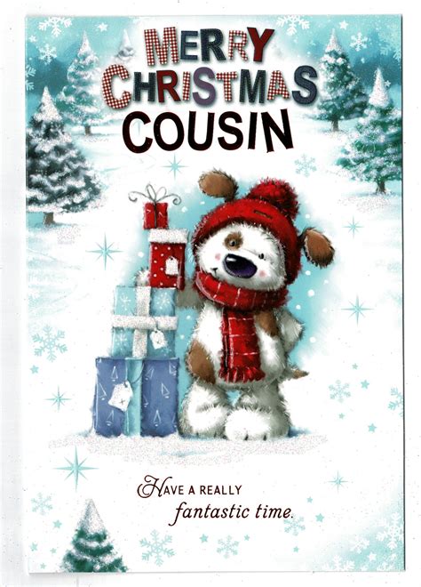 Cousin Christmas Card 'Merry Christmas Cousin ' Glitter Embossed Festive Bear Design - With Love ...