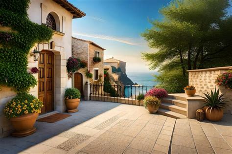 Premium AI Image | a balcony with a view of the sea and the terrace