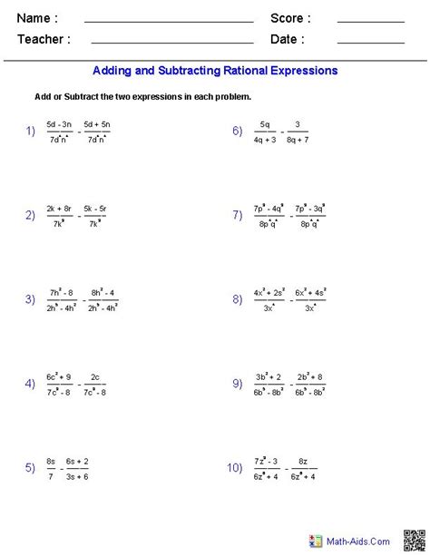 Rational Expression Worksheet #1 Simplifying