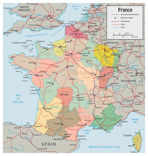 Detailed political map of France with roads and major cities | Vidiani ...