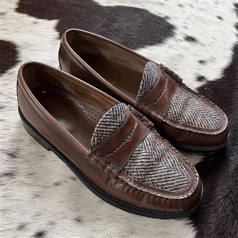 gh bass weejuns size 5 nice brown leather with tweed... - Depop