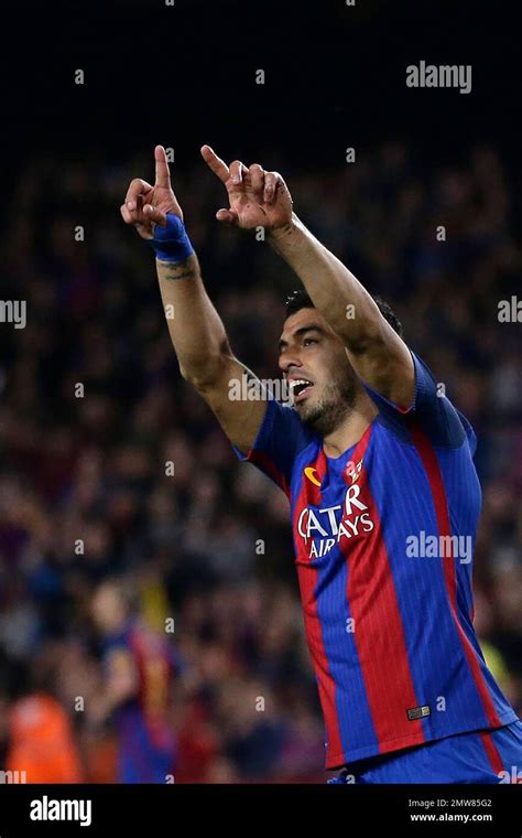 FC Barcelona's Luis Suarez celebrates after scoring a goal during the ...