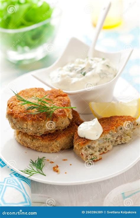 Cod Fish Cakes stock image. Image of dinner, dish, roasted - 260286389