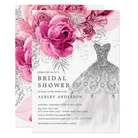 Beautiful pink & silver floral bridal shower invitation with a ...