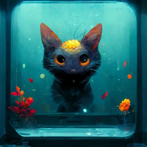 cat swimming in a fish tank | Midjourney