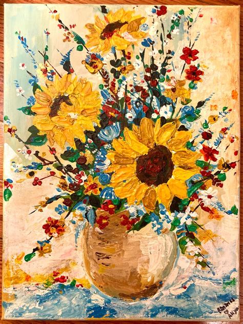 a painting of sunflowers in a vase on a table