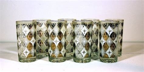 Vintage Glasses Set of 8 Anchor Hocking 12 oz. Gold White