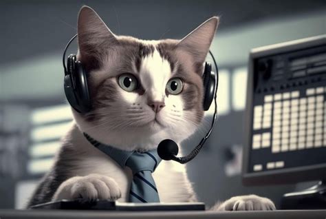 A cat working at a computer wearing a suit and earphones generative ai | Premium AI-generated image