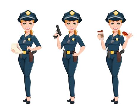 Premium Vector | Police woman in uniform set of three poses