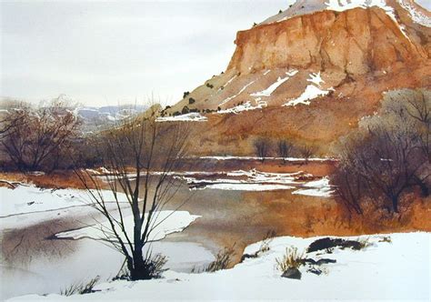 a watercolor painting of a snowy mountain scene with trees and snow on ...