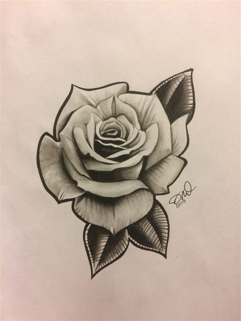 a pencil drawing of a rose with leaves on it's side and the petals are black