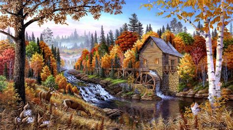 Wallpaper : painting, forest, deer, fantasy art, artwork, wilderness, ART, tree, autumn, season ...