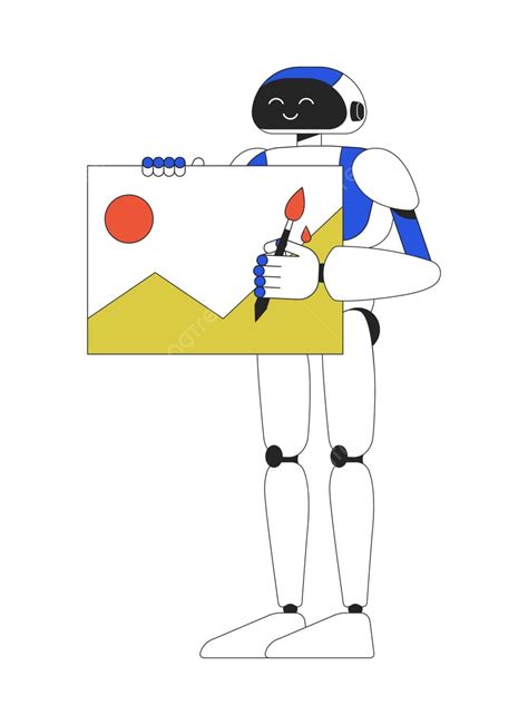 Contented Humanoid Robot Posing With Linear Flat Vector Character Art ...