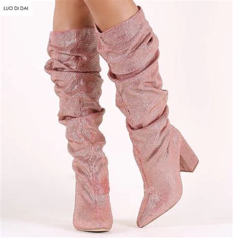 2018 fashion women pink boots bling boots women booties chunky heel ...