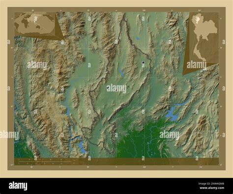 Lampang, province of Thailand. Colored elevation map with lakes and rivers. Locations of major ...