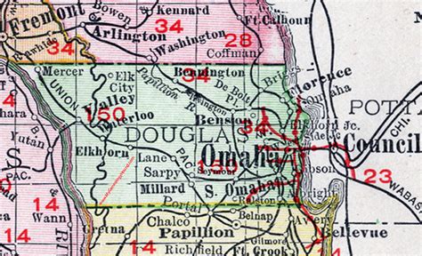 Douglas County, Nebraska, map, 1912, Omaha, Waterloo, Elkhorn, Millard, Benson, Bennington ...