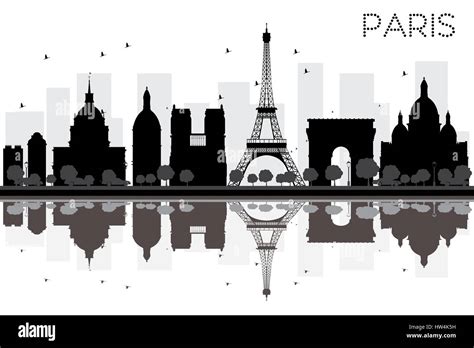 Paris City skyline black and white silhouette with reflections. Vector illustration. Simple flat ...