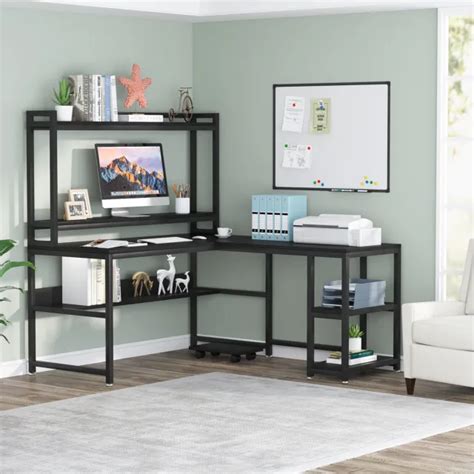 RUSTIC L SHAPED Desk with Hutch& Storage Shelves Reversible Office Working Table $230.62 - PicClick