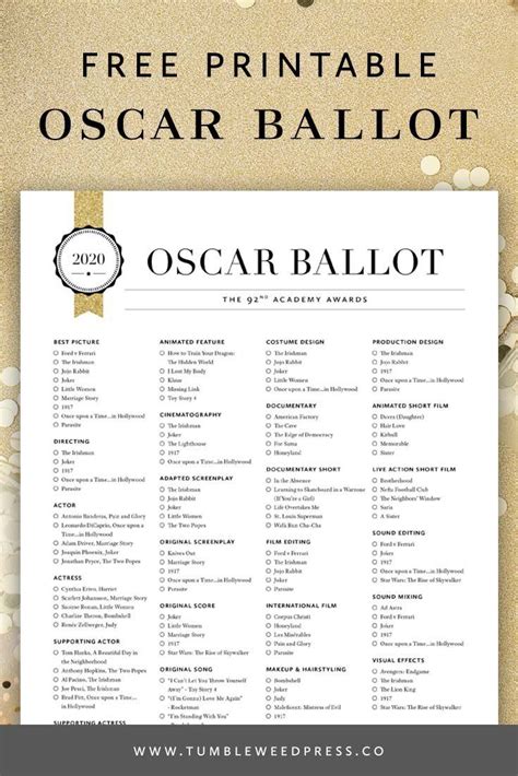 Oscar 2024 Ballot Sheet Printable