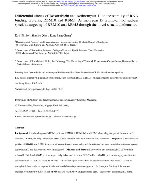 (PDF) Differential effects of Doxorubicin and Actinomycin D on the stability of RNA binding ...