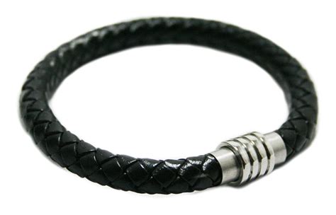 Black faux leather bracelet w magnetic clasp, stainless steel – Silver Hills Gems