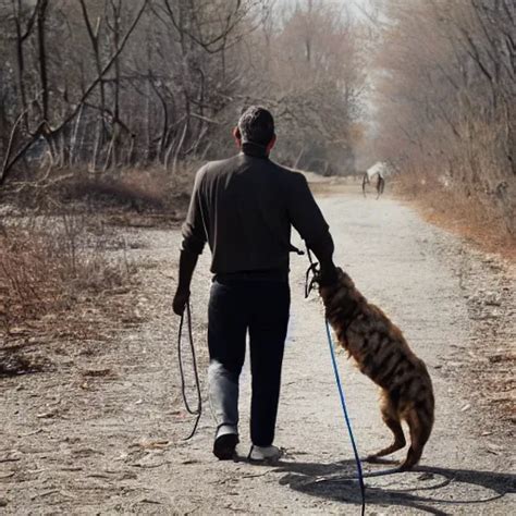 photo of a man walking a bizarre creature on a leash | Stable Diffusion | OpenArt