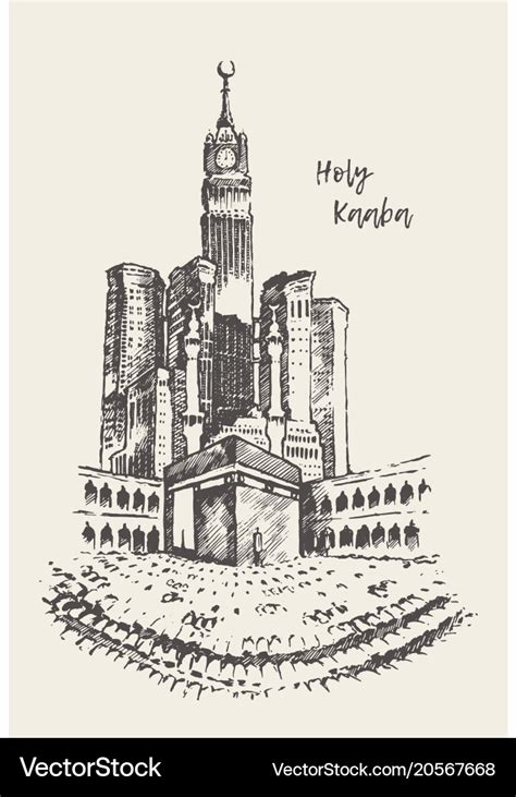 Holy kaaba mecca saudi arabia drawn vintage sketch