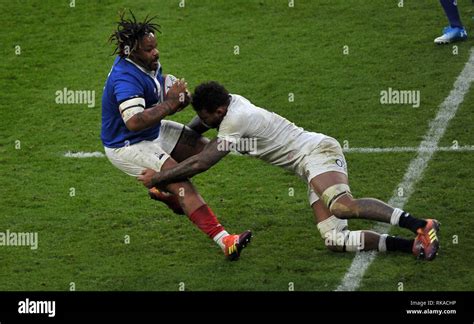 London, UK. 10th Feb 2019. Courtney Lawes (England) tackles Mathieu Bastareaud (France). England ...