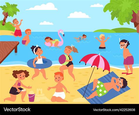 Cartoon kids on beach children sea playing Vector Image