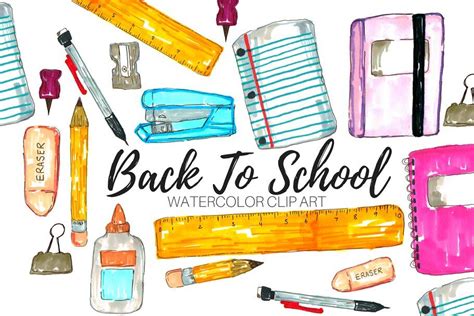 Watercolor school supplies clip art By Writelovely | TheHungryJPEG