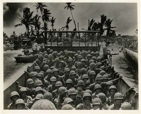 View of American soldiers aboard a landing craft on Kwajalein Atoll in February 1944 | The ...