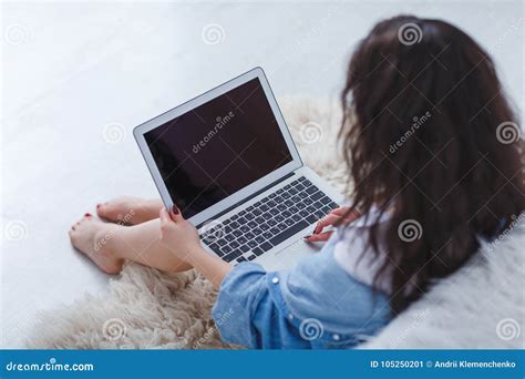 Girl Working Behind Laptop Near Bed on White Background Stock Image - Image of expression ...