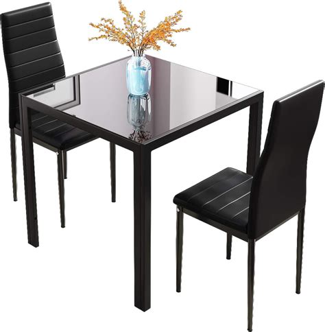 Beliwin Glass Dining Set Table Square and 2 Chairs High Back Soft ...