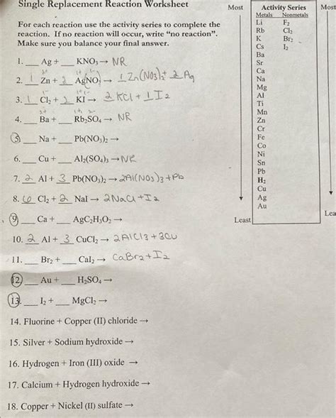 Solved Single Replacement Reaction Worksheet For each | Chegg.com