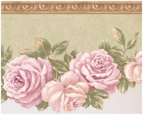 Prepasted Wall Border - Bloomed Roses on Vine Scalloped Light Green Wallpaper Border Retro ...