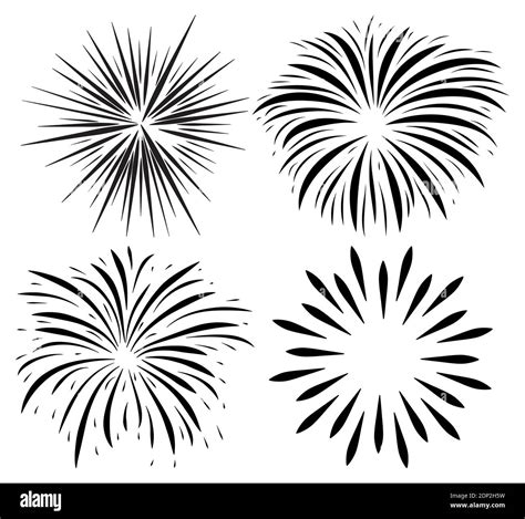 Fireworks burst silhouette icon set. Holiday sparkle fall after petard ...