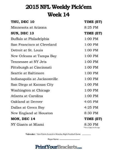 Week 14 Nfl Pick Em Sheet Printable - Printable Word Searches