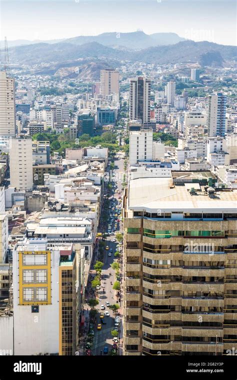 Aerial drone view of Guayaquil City in Ecuador. A look over downtown ...