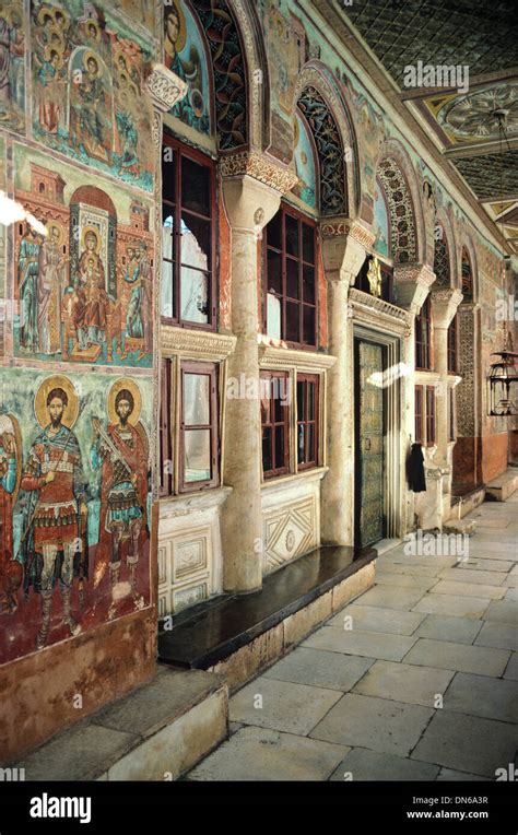 Post-Byzantine Frescoes or Wall Paintings of Military Saints in Exonarthex or Porch of Main ...