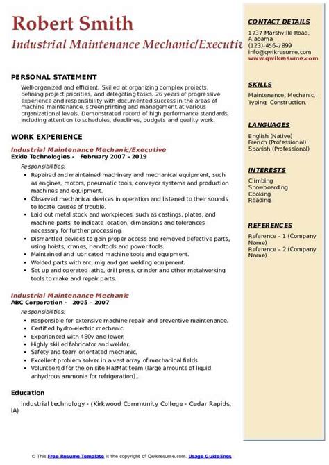 Industrial Maintenance Mechanic Resume Samples | QwikResume