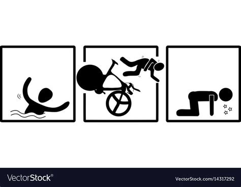 three signs with people swimming and riding bikes