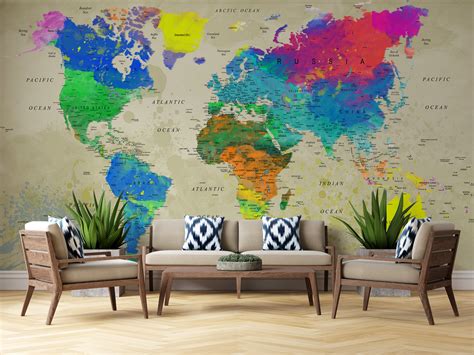 Customized Large World Map Wall Decal World Map Wallpaper World Map Mural Kids Wallpaper Peel ...