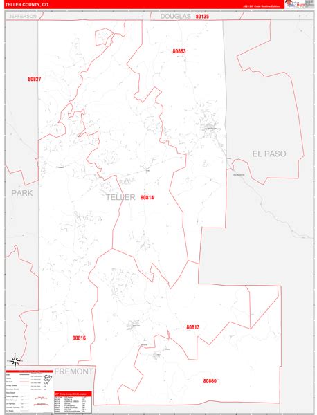 Teller County, CO Zip Code Wall Map Red Line Style by MarketMAPS - MapSales