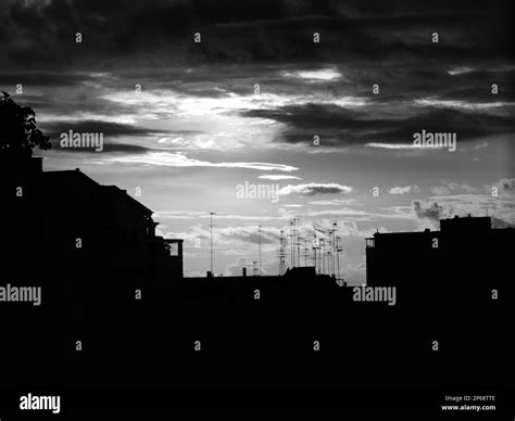 Black and white cityscape sunset Stock Photo - Alamy