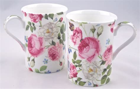 Pair Fine English Bone China Coffee Mugs - Cottage Rose Chintz - Mugs