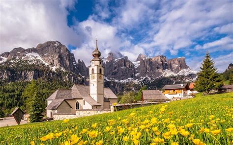 Dolomite Alps, summer, church, mountain, italy church and wild flowers HD wallpaper | Pxfuel