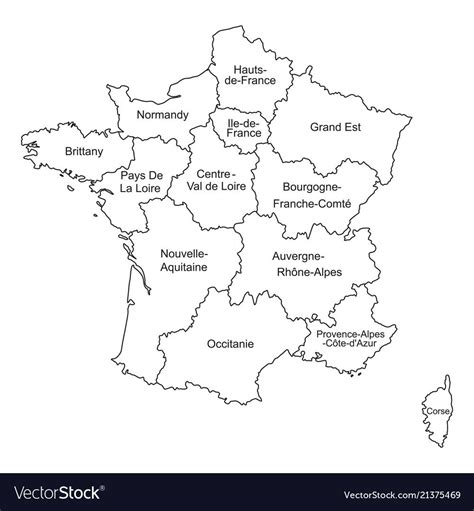 Black outlines map of france with names on white vector image on VectorStock | France map, Map ...