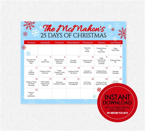 25 Days of Christmas Activity Calendar EDITABLE INSTANT - Etsy