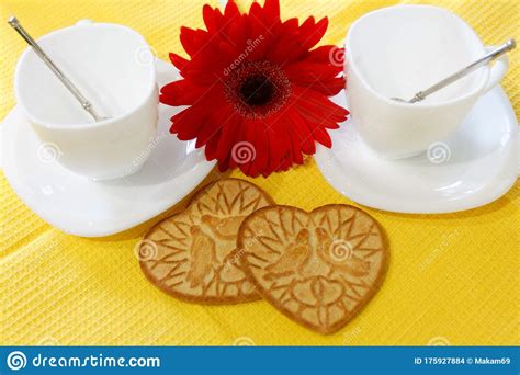 White Coffee Cups and Cookies on the Table Stock Photo - Image of ...